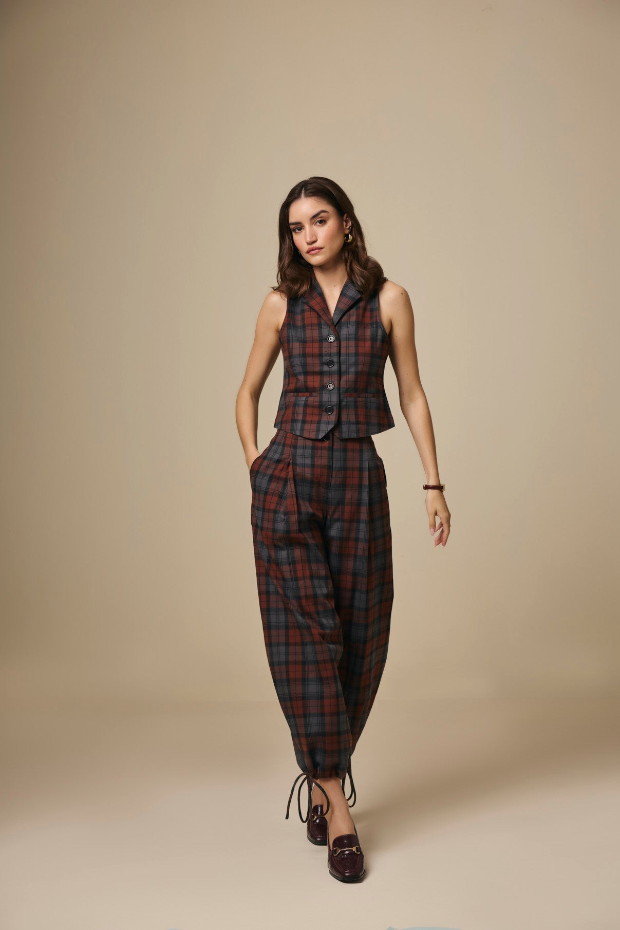 Brown and Blue Checked Cotton Balloon Leg Trousers