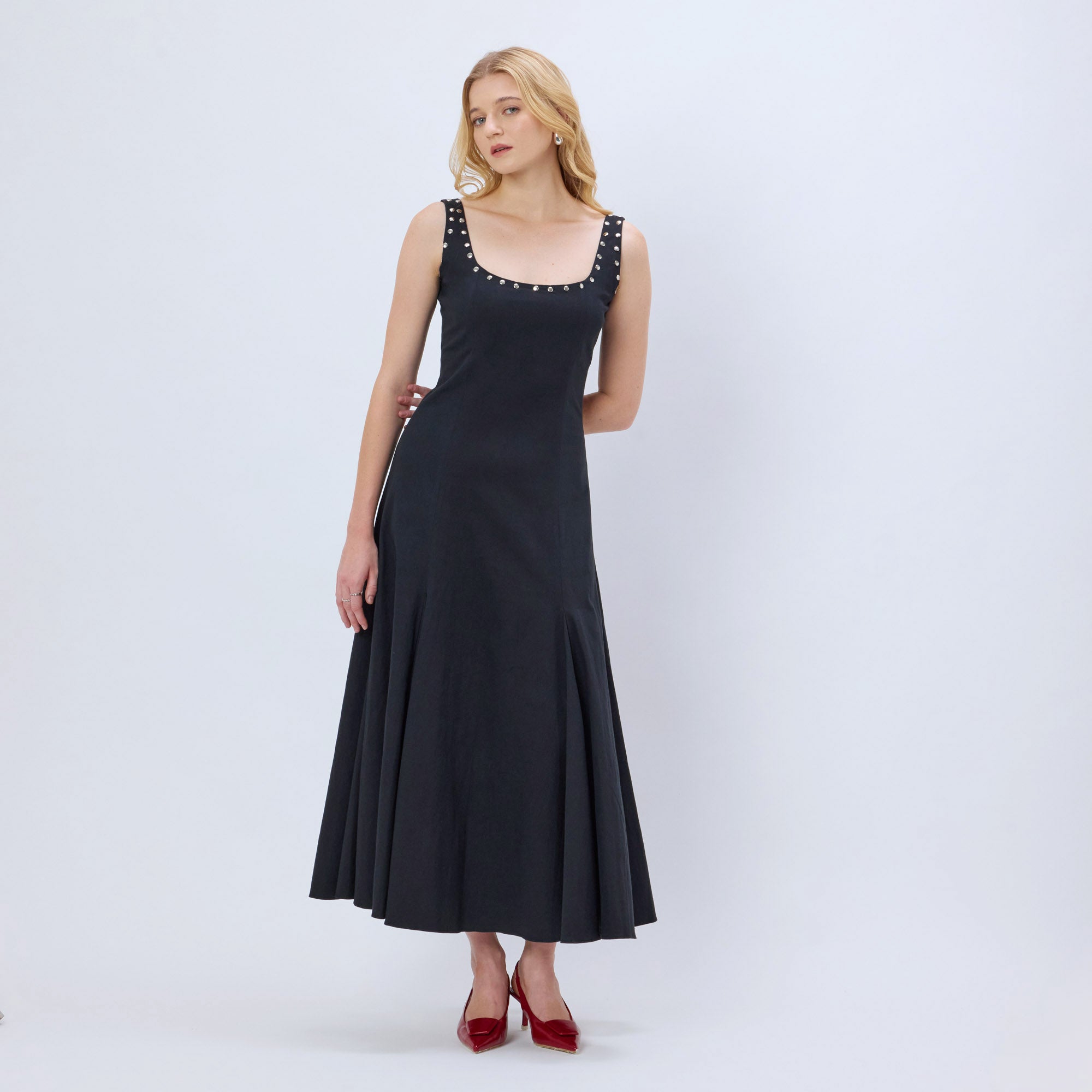 BLACK STUDDED COTTON BLEND MAXI DRESS