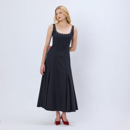 BLACK STUDDED COTTON BLEND MAXI DRESS