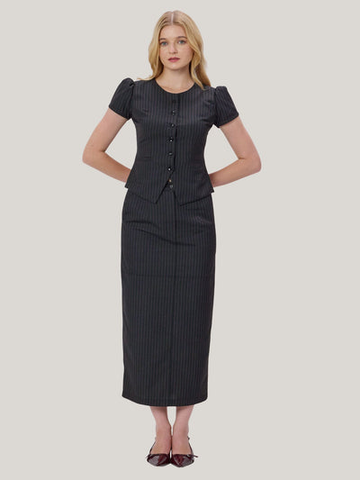 PINK AND GREY PINSTRIPE MIDI SKIRT