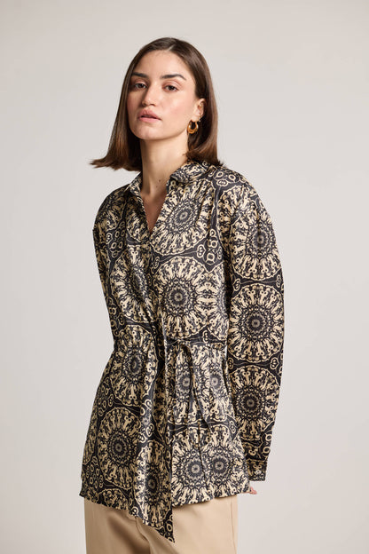 Mandala Black Printed Shirt with Waist Tie