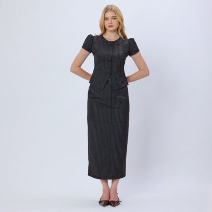 PINK AND GREY PINSTRIPE MIDI SKIRT