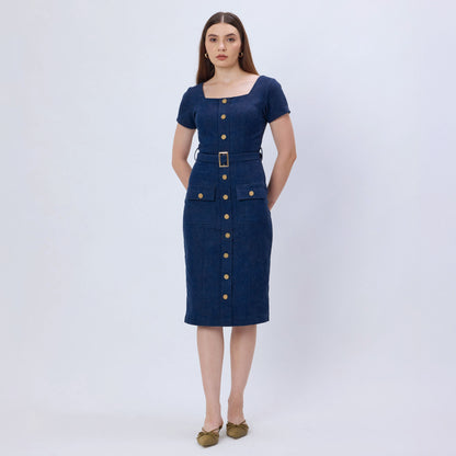 DARK BLUE DENIM MIDI DRESS