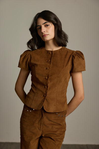 Brown Cotton Corduroy Puff Sleeve Top