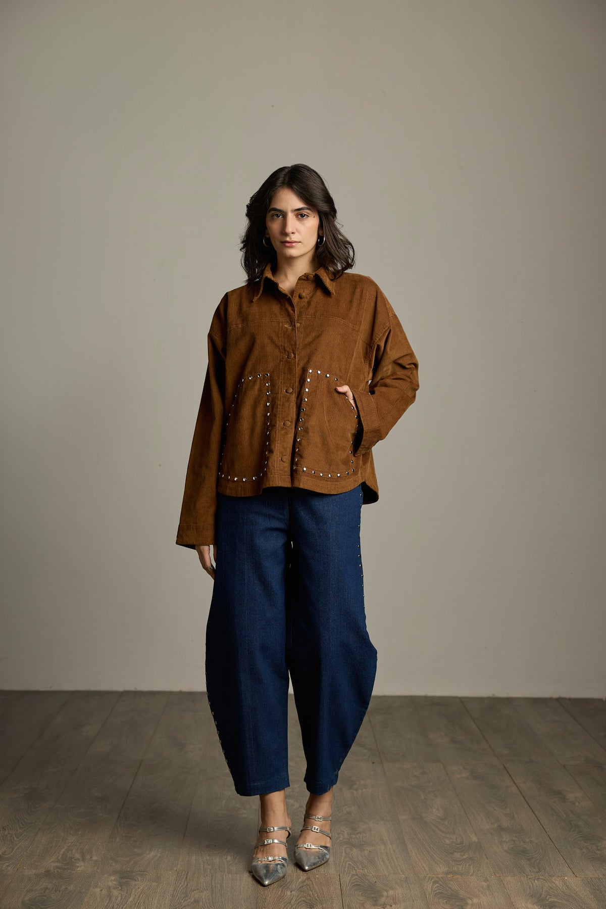 Brown Corduroy Studded Oversized Shacket