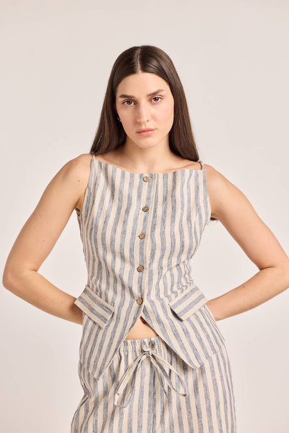 Blue and White Striped Linen Waistcoat