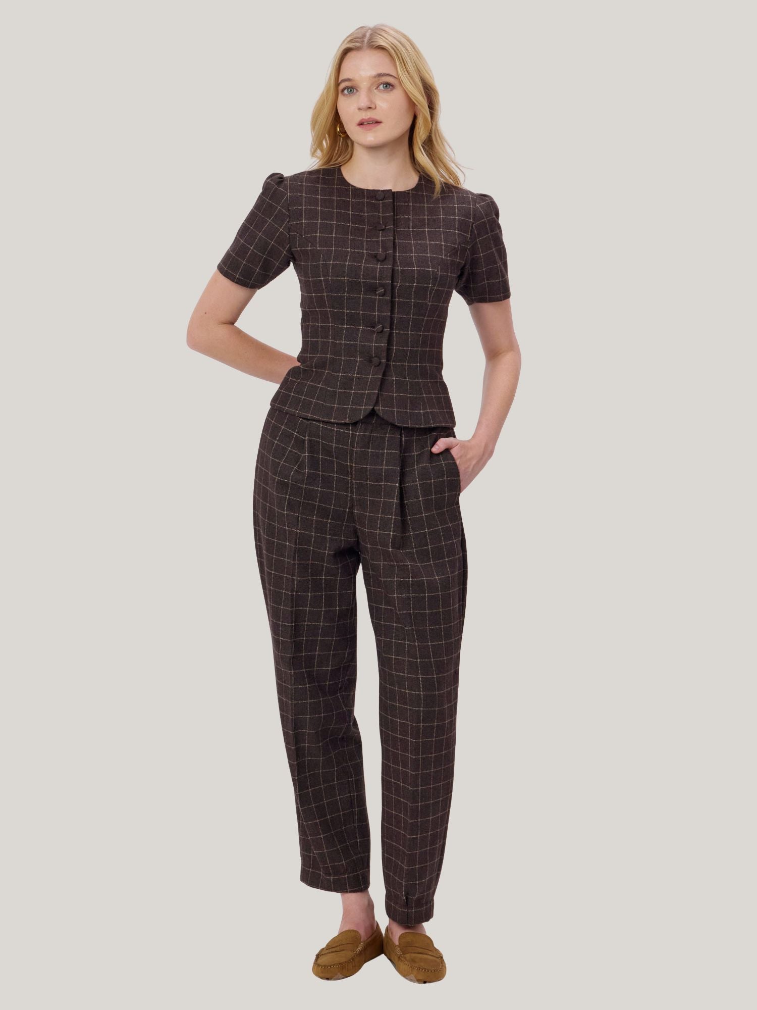 BROWN CHECKED WOOL TWEED PANTS