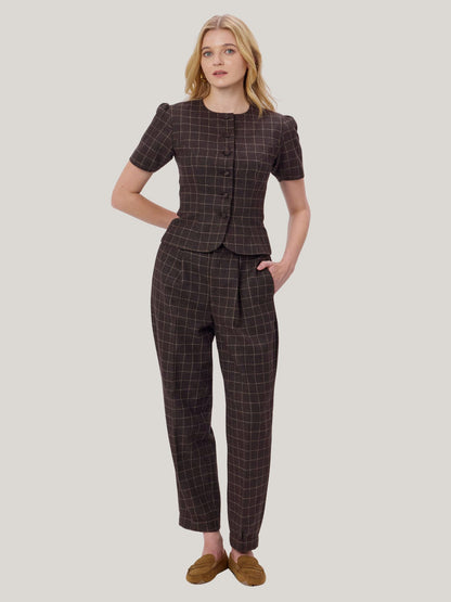 BROWN CHECKED WOOL TWEED PANTS