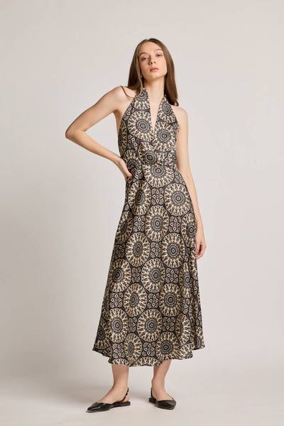 Mandala Black Printed Halter Neck Dress