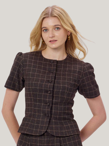 BROWN CHECKED WOOL TWEED TOP