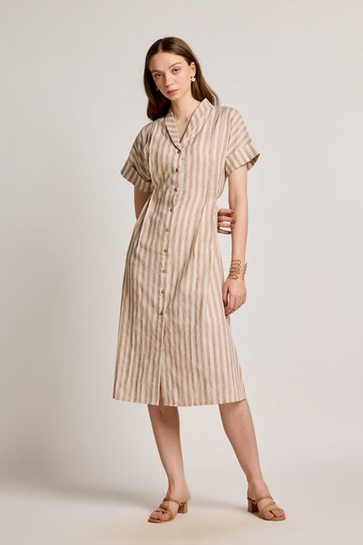 Beige and White Striped Linen Dress