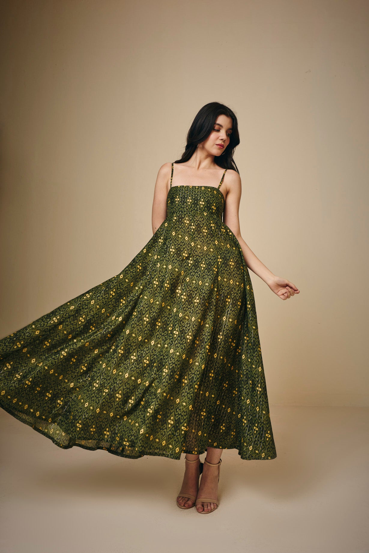Green Printed Cotton Square Neck Maxi Dress