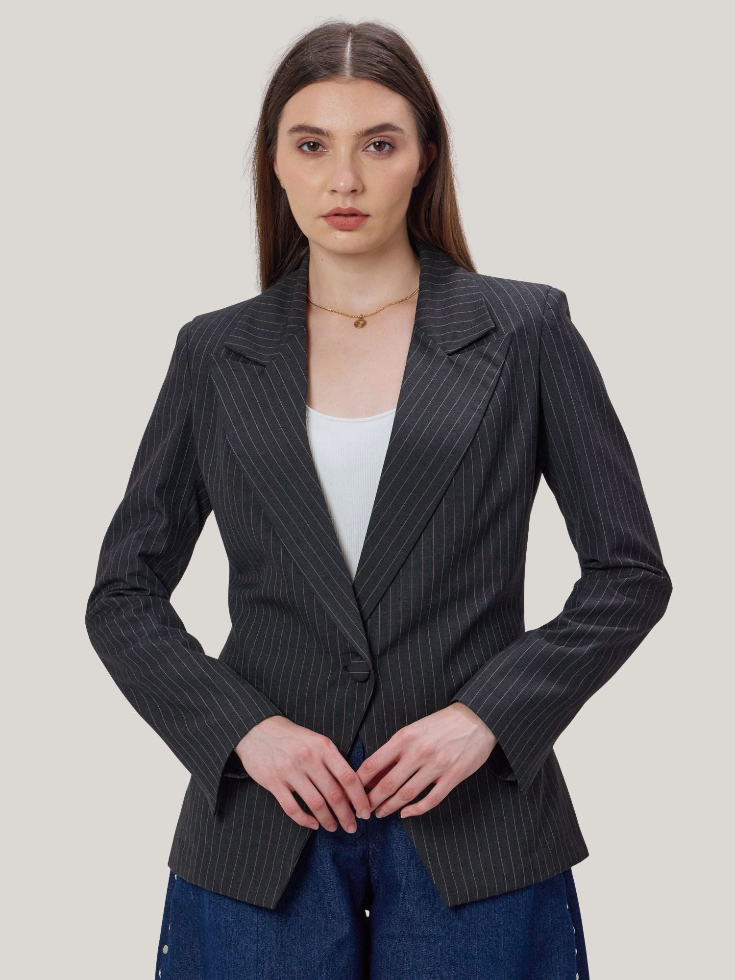 PINK AND GREY PINSTRIPE BLAZER