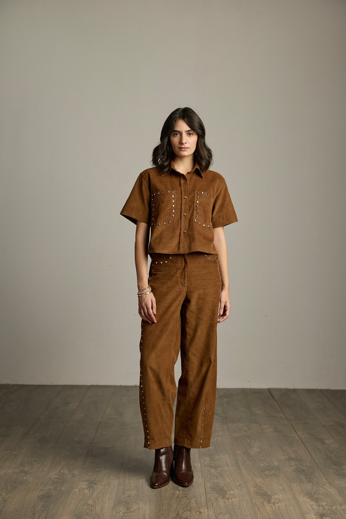 Brown Cotton Corduroy Studded Cropped Shirt