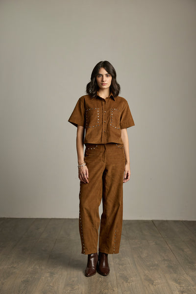 Brown Cotton Corduroy Studded Cropped Shirt
