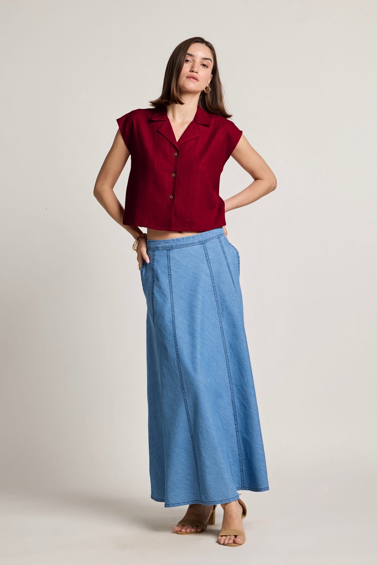 Red Cotton Linen Short Shirt
