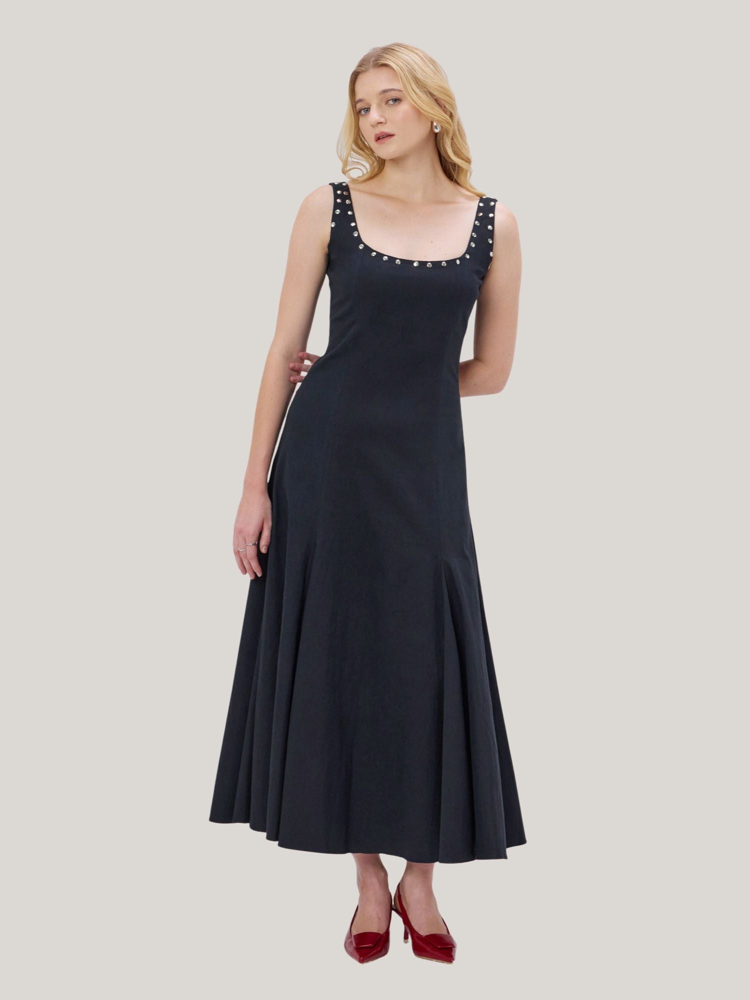 BLACK STUDDED COTTON BLEND MAXI DRESS