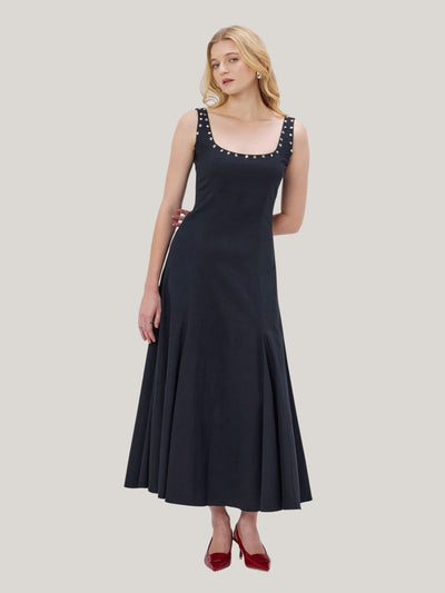 BLACK STUDDED COTTON BLEND MAXI DRESS