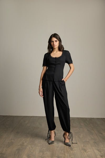 Black Viscose Rayon Drawstring-Hem Barrel-Leg Trousers