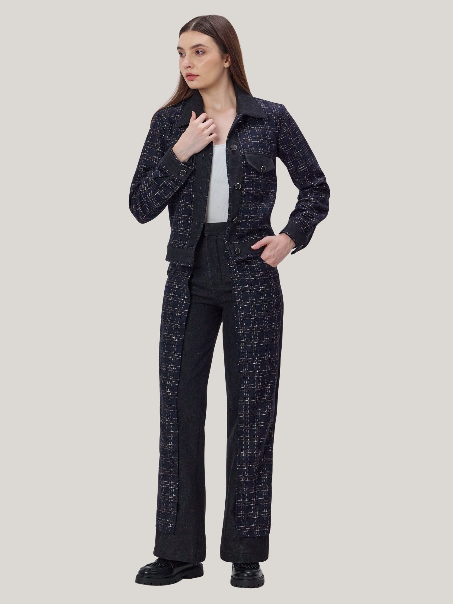 DENIM AND CHECKS TWEED PANTS