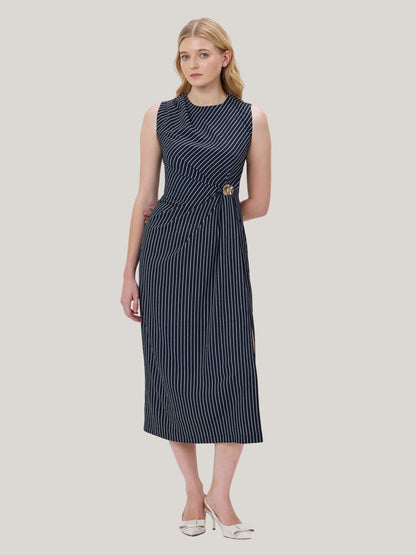 MIDNIGHT BLUE & WHITE STRIPED MIDI DRESS WITH BROOCH
