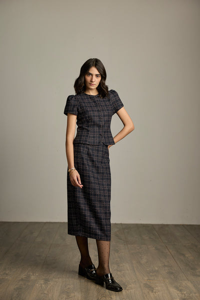 Blue & Black Checked Tweed Straight Midi Skirt