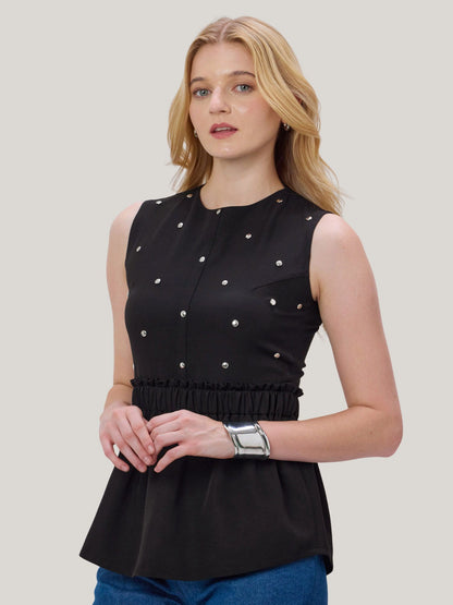 BLACK STUDDED PEPLUM TOP