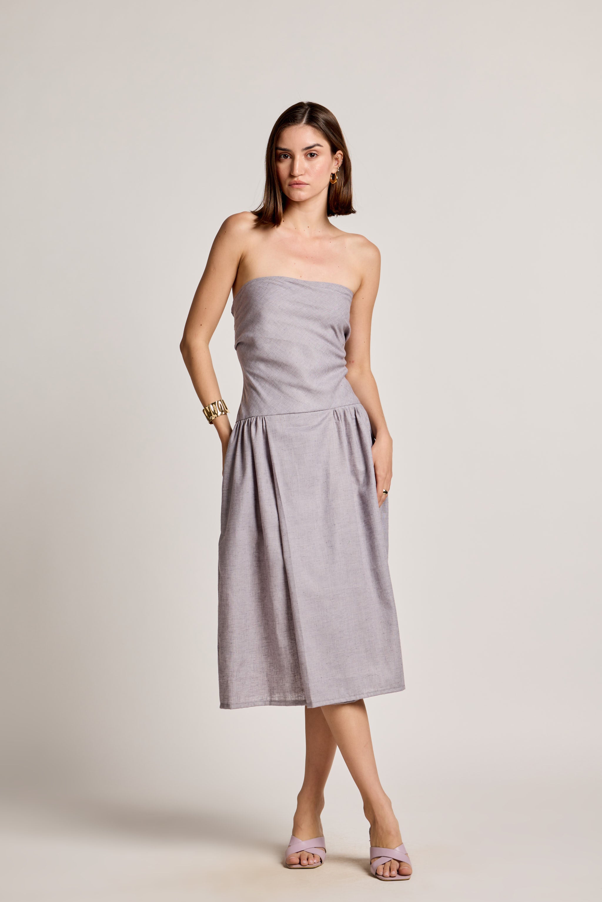 Light Grey Off-Shoulder Cotton Linen Midi Dress
