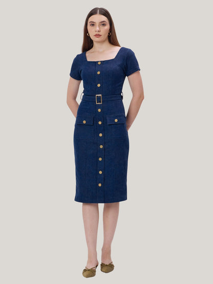 DARK BLUE DENIM MIDI DRESS