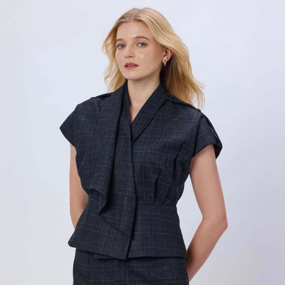 BLUE CHECKED WOOL TWEED TOP