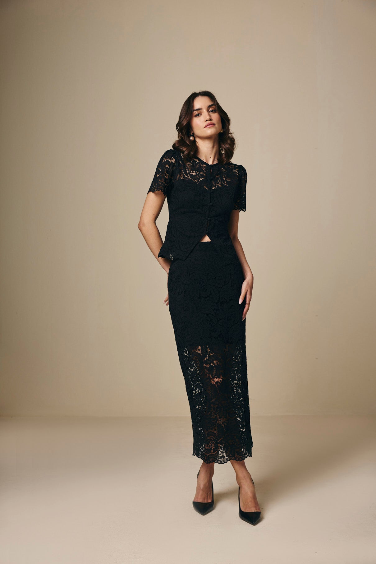 Black 100% Cotton Lace Pencil Skirt