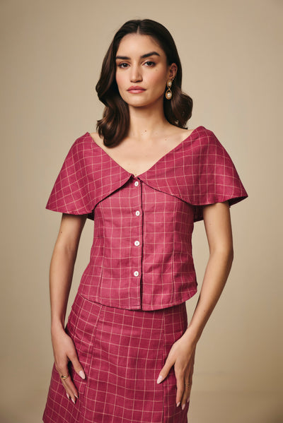 Pink and Cream Checked Cotton Sailor Top