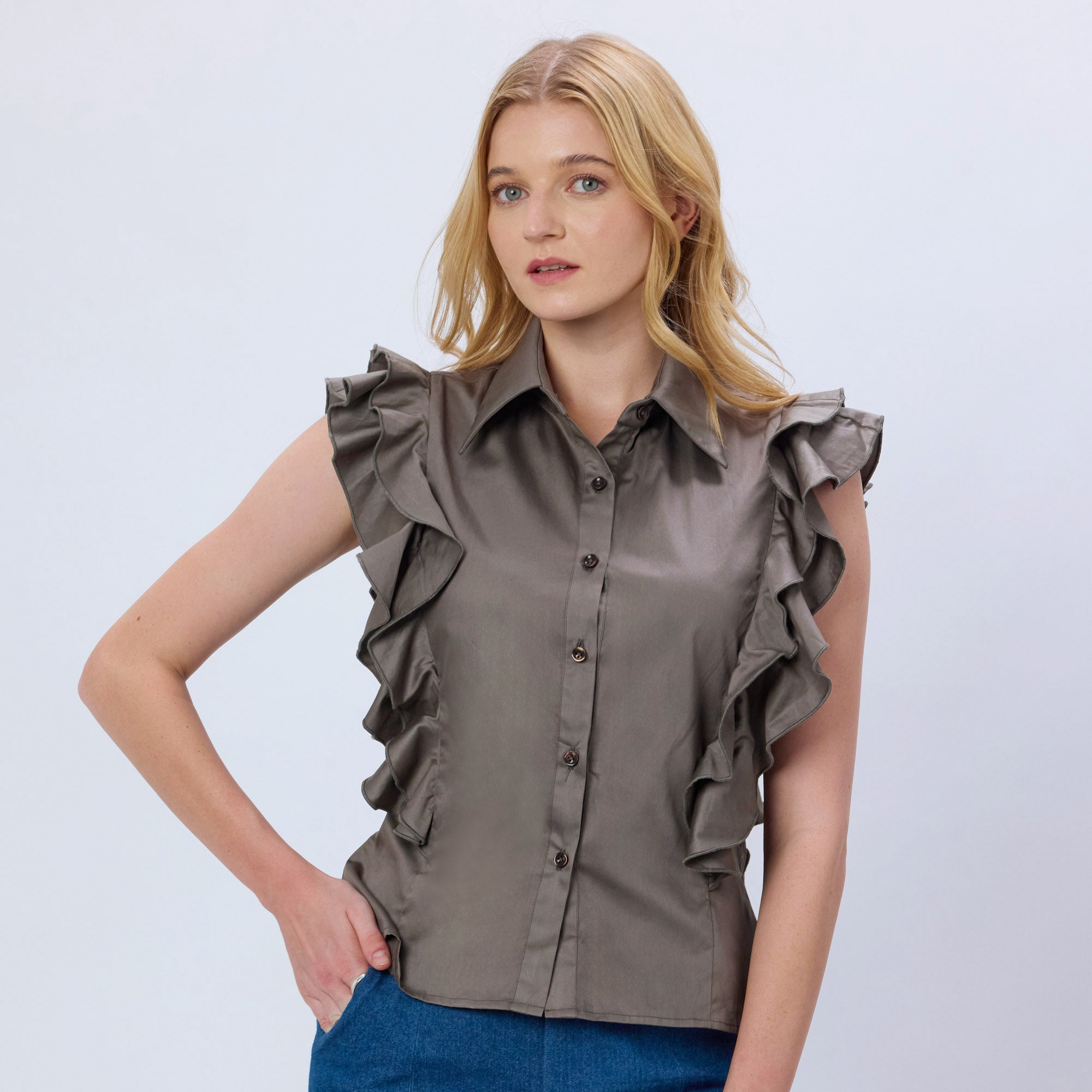 CHARCOAL GREY COTTON RUFFLE SHIRT