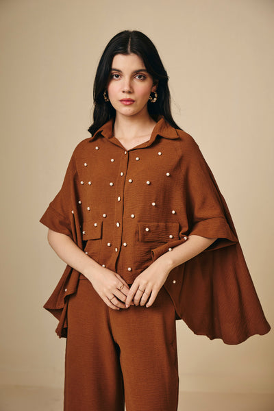Rust Cotton Asymmetric Shirt with Pearl Detail