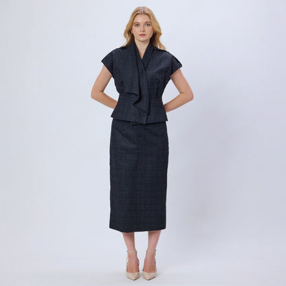 BLUE CHECKED WOOL TWEED SKIRT