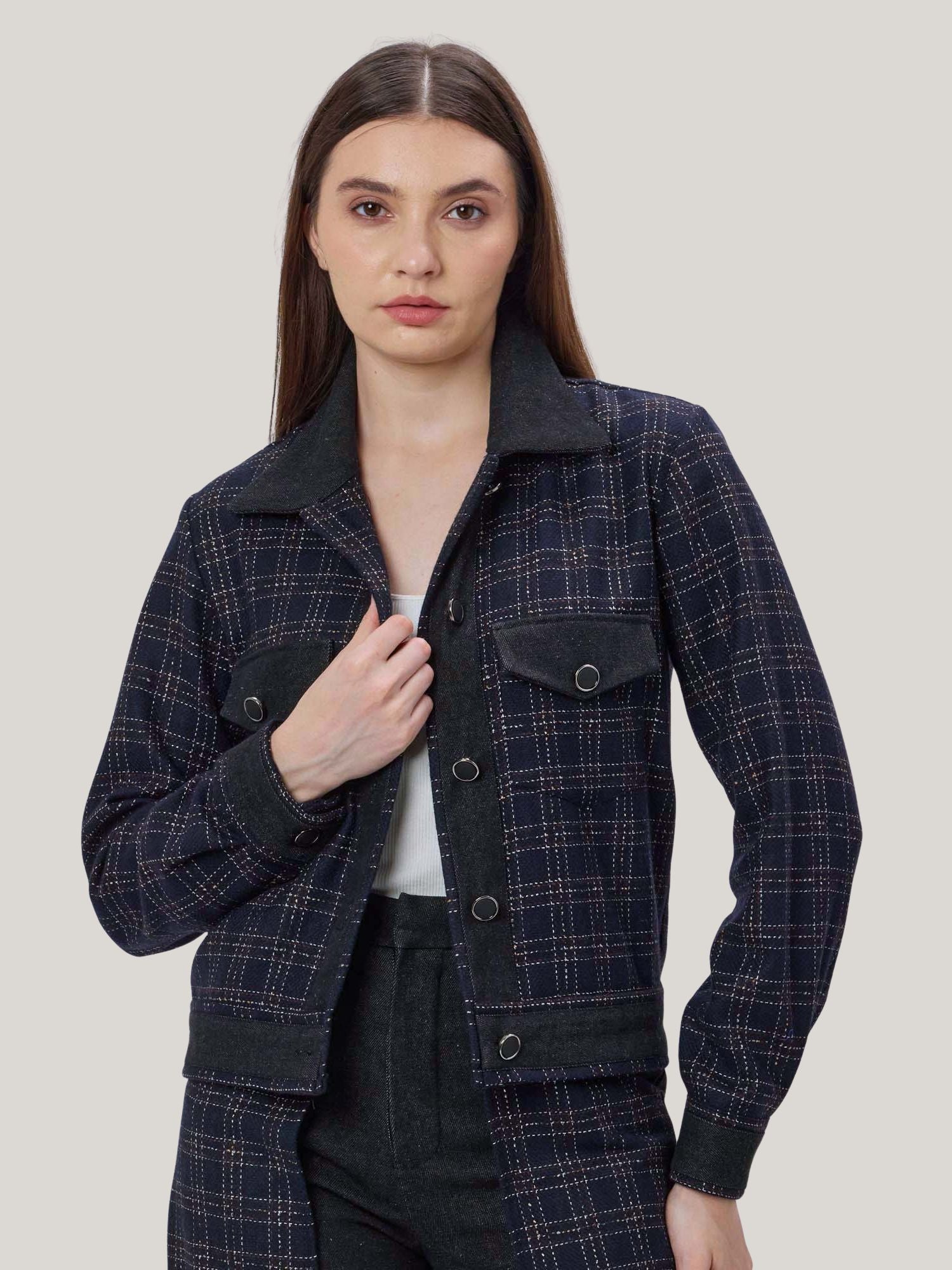 DENIM AND CHECKS TWEED JACKET