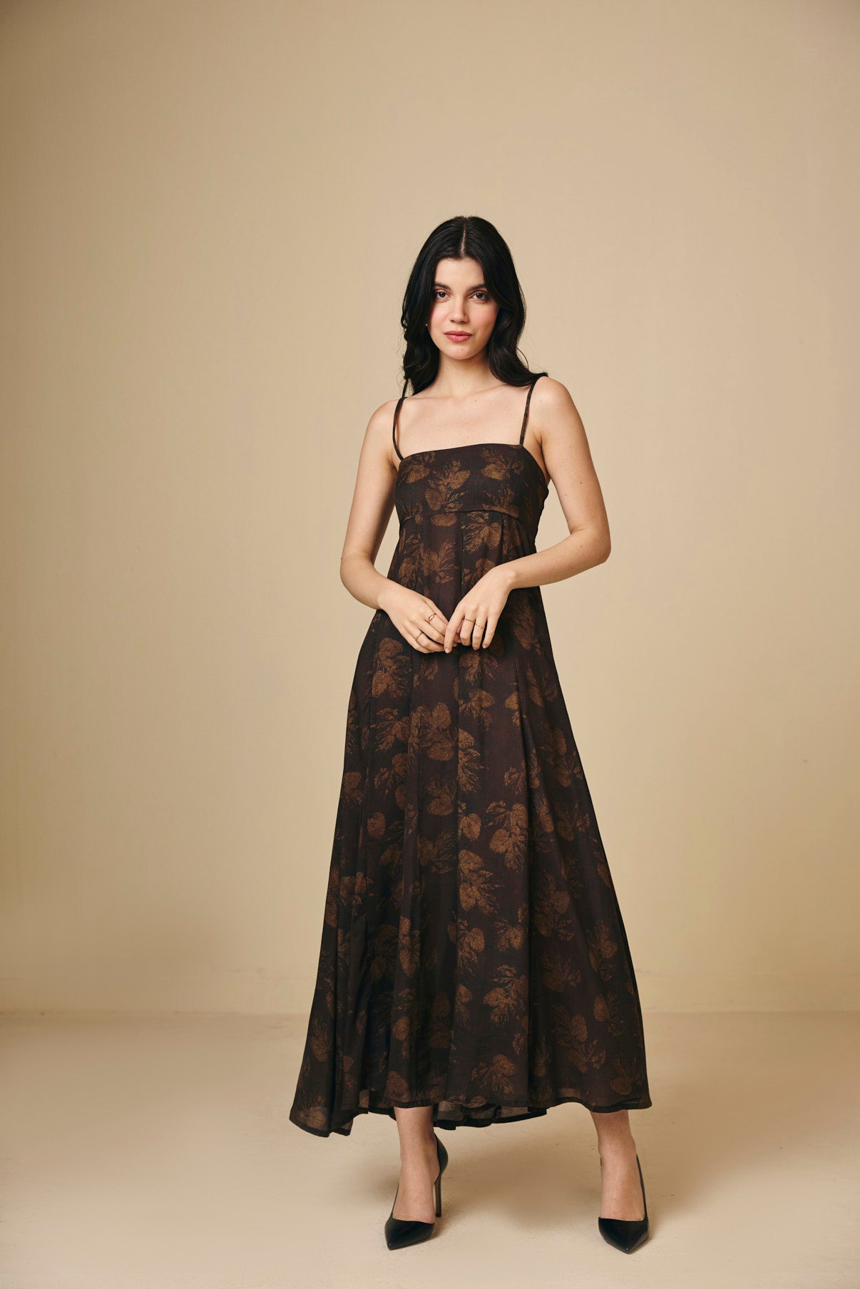 Brown Printed Cotton Square Neck Maxi  Dress