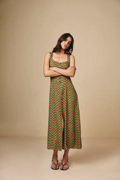 Earthy Geometric  Printed Square Neck Viscose Maxi Dress
