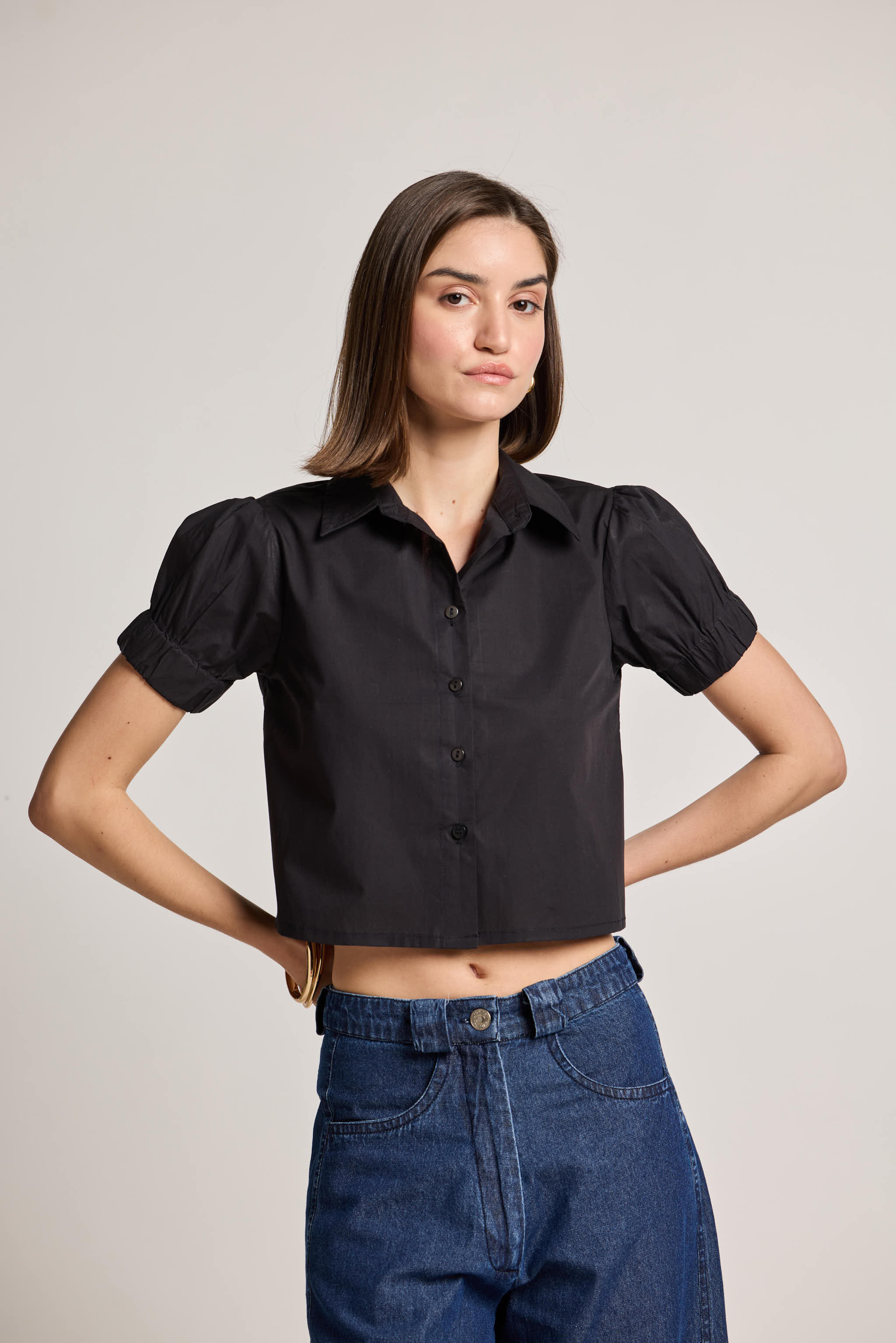 Cropped Black Puff Sleeve Shirt