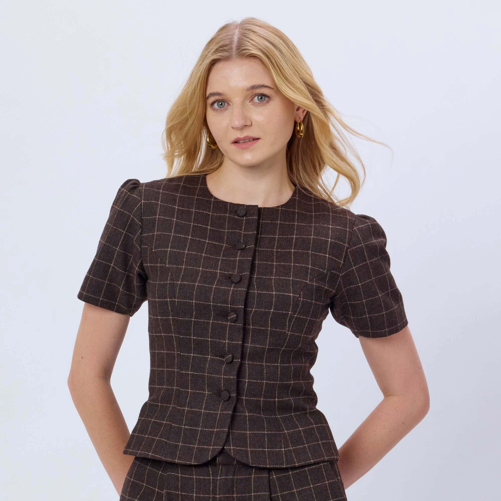 BROWN CHECKED WOOL TWEED TOP