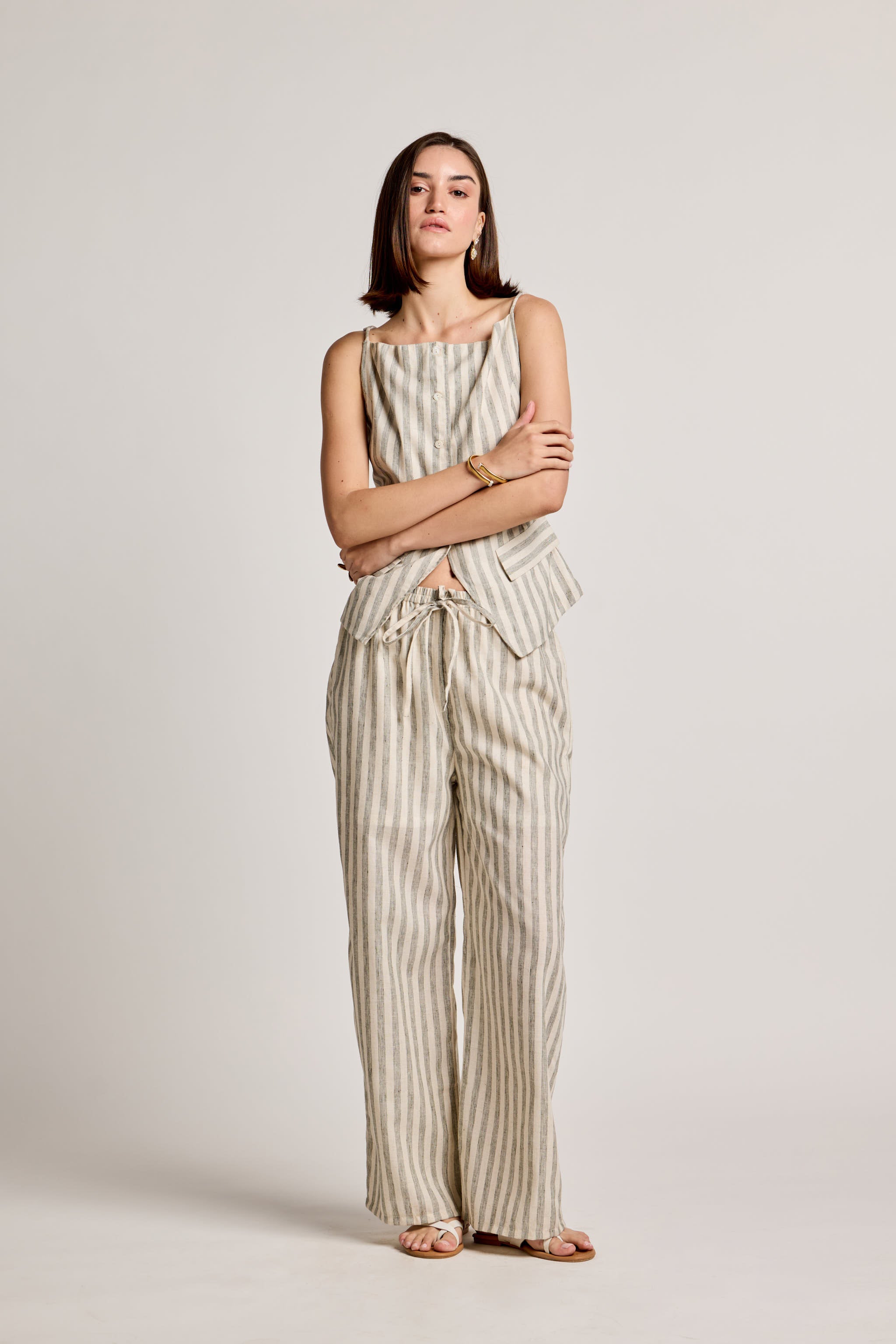 Green and White Striped Linen Trousers