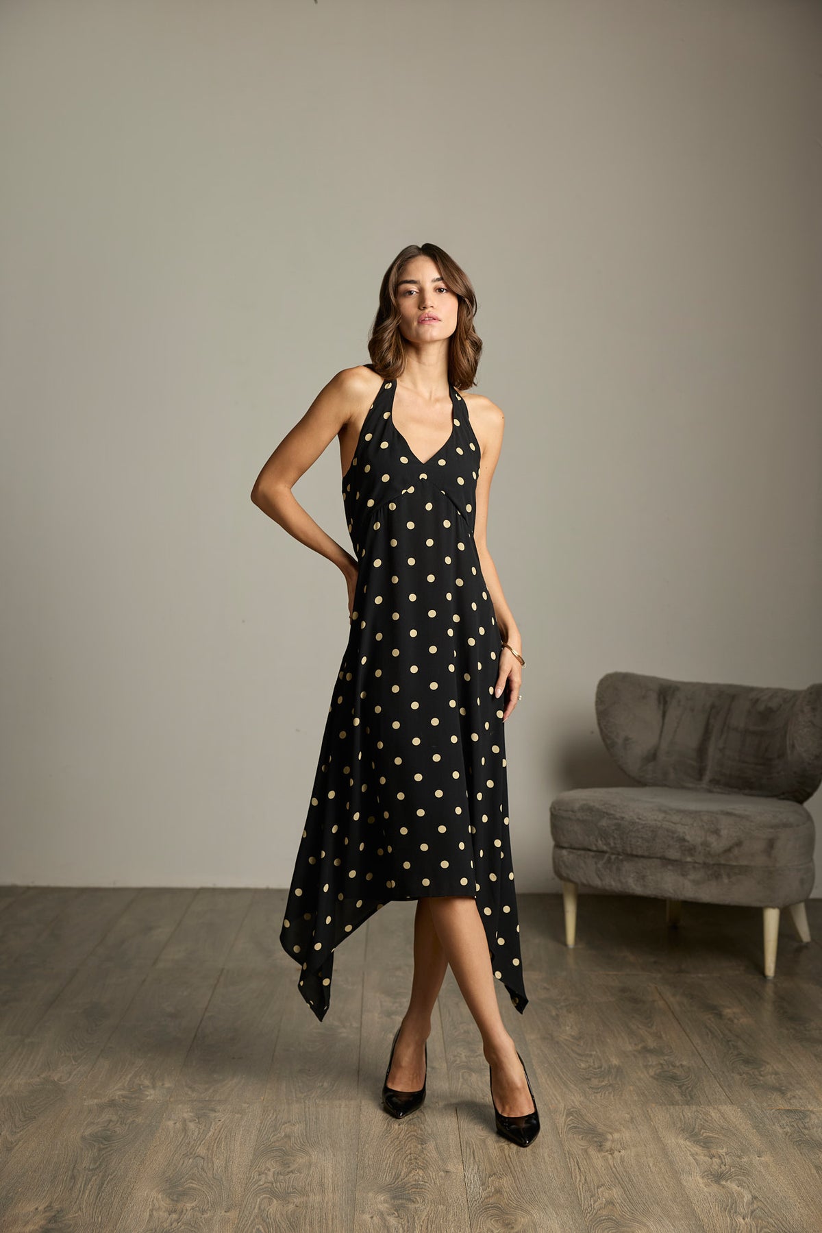 Black & Cream Polka Halter Maxi Dress