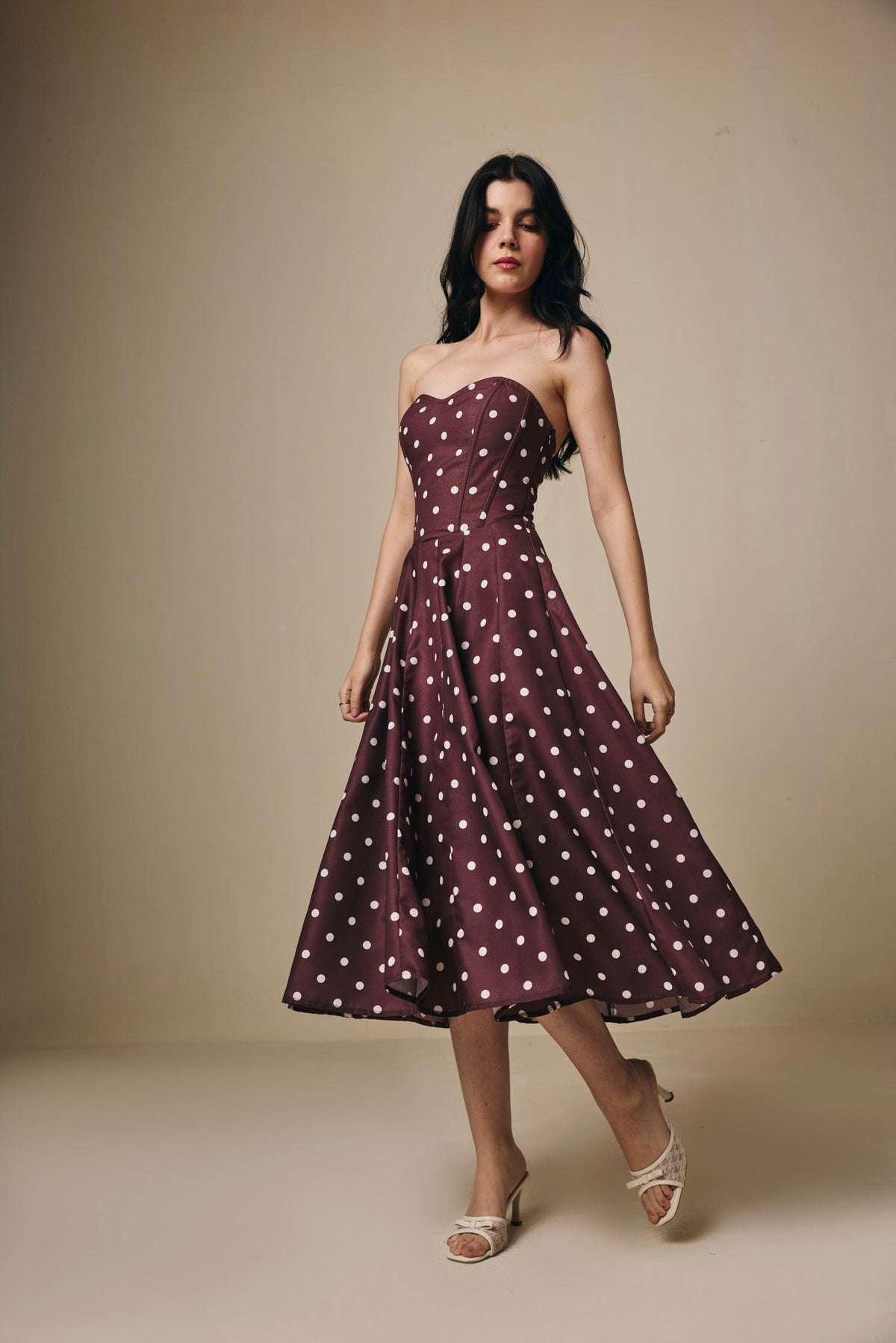 Brown and White Polka Dot Cotton Corset Midi Dress