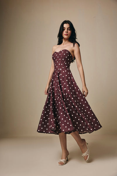 Brown and White Polka Dot Cotton Corset Midi Dress