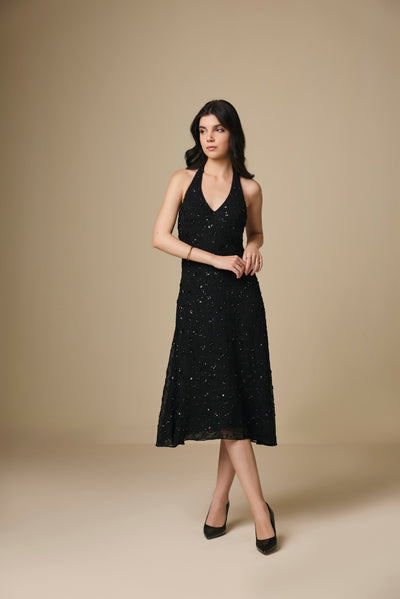 Black Georgette Halter Neck Embroidered Dress