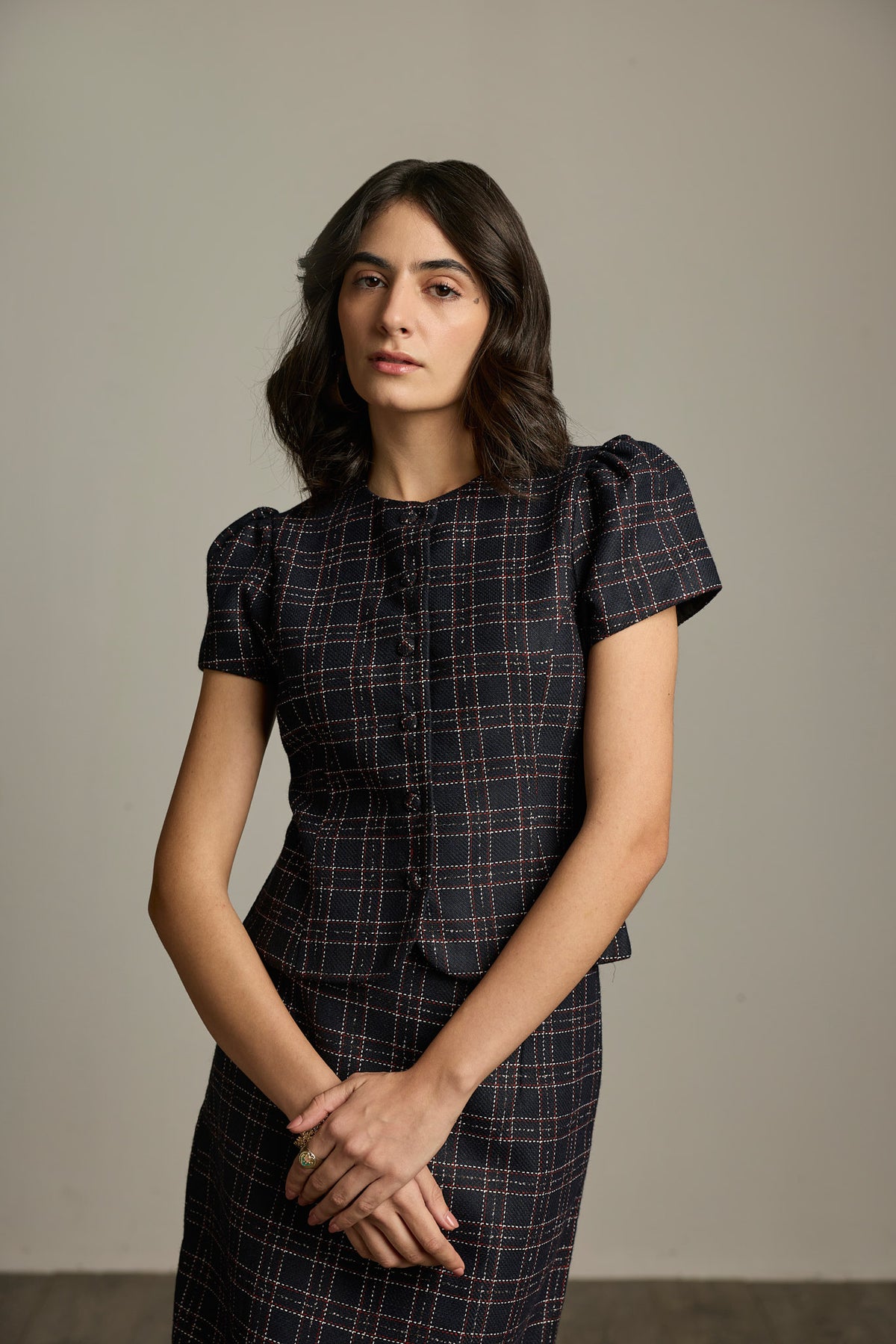 Blue & Black Checked Tweed Puff Sleeve Top