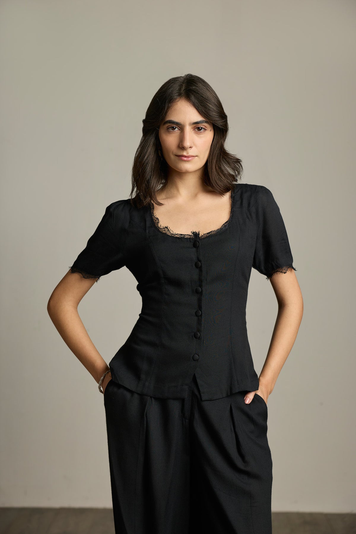 Black Lace-Trim Viscose Rayon Square Neck Top