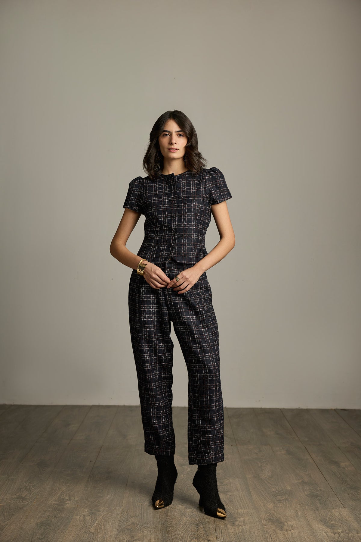 Blue & Black Checked Tweed Barrel-Leg Trousers