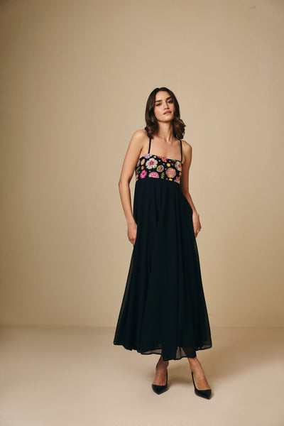 Black Embroidered Georgette Maxi Dress