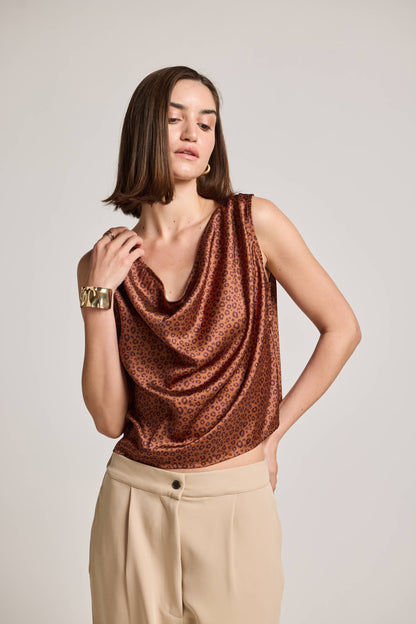 Animal Mocha Cowl Neck Sleeveless Printed Top